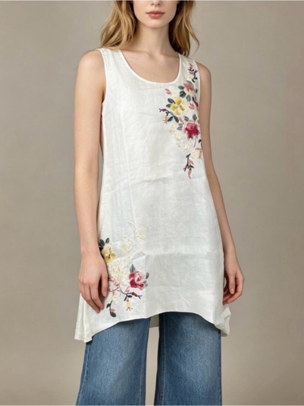 Johnny Was White Embroidered Floral Linen Tank